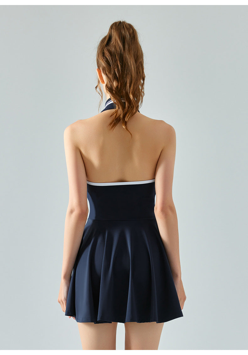 Women Tennis Dress – Halter Neck, Built-In Shorts, Open Back – ZINNTRA