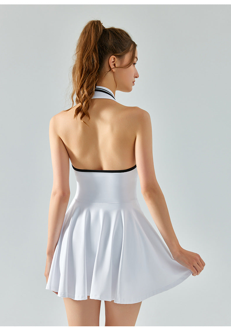 Women Tennis Dress  Halter Neck, Built-In Shorts, Open Back  ZINNTRA
