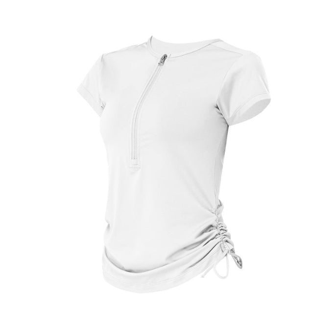 White zip-up athletic shirt with cap sleeves and side drawstring ruching.
