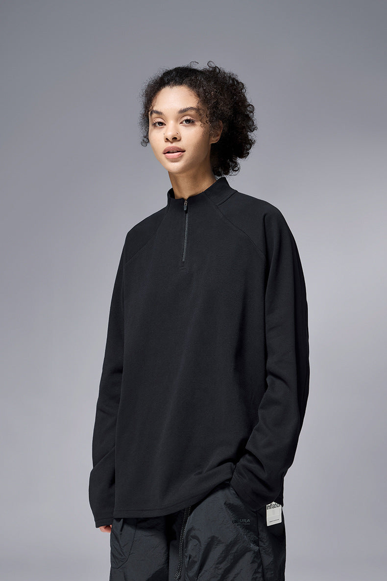 Person wearing a black half-zip long-sleeve shirt with a gray background