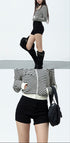 Two-angle collage of black shorts styled with striped hoodie and accessories