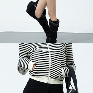 Two-angle collage of black shorts styled with striped hoodie and accessories