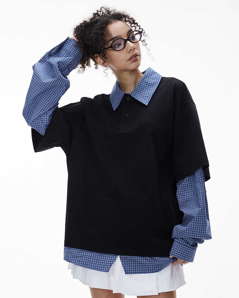 Women’s black layered polo shirt with plaid sleeves, oversized back-to-school preppy fashion top