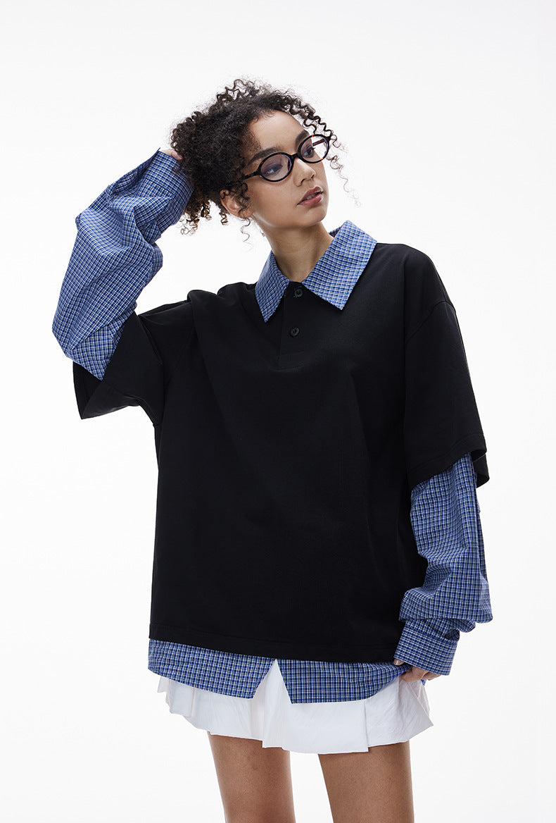 Women’s black layered polo shirt with plaid sleeves, oversized back-to-school preppy fashion top