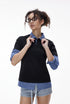 Women’s oversized black layered polo t-shirt with plaid sleeves, chic casual campus fashion look