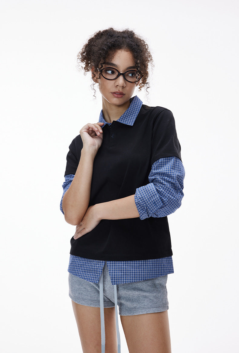 Women’s oversized black layered polo t-shirt with plaid sleeves, chic casual campus fashion look