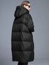 Black long hooded puffer coat for women with glossy finish and relaxed fit