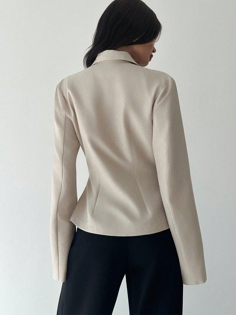 back view women’s beige blazer, tailored waist, long sleeves