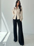 full-length women’s beige blazer with black wide-leg trousers, slim fit