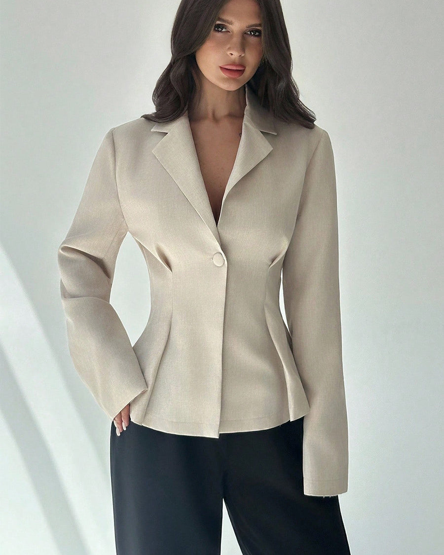 women’s beige blazer, slim fit, one-button front, clean lapel, front view