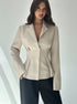 women’s beige blazer, slim fit, one-button front, clean lapel, front view