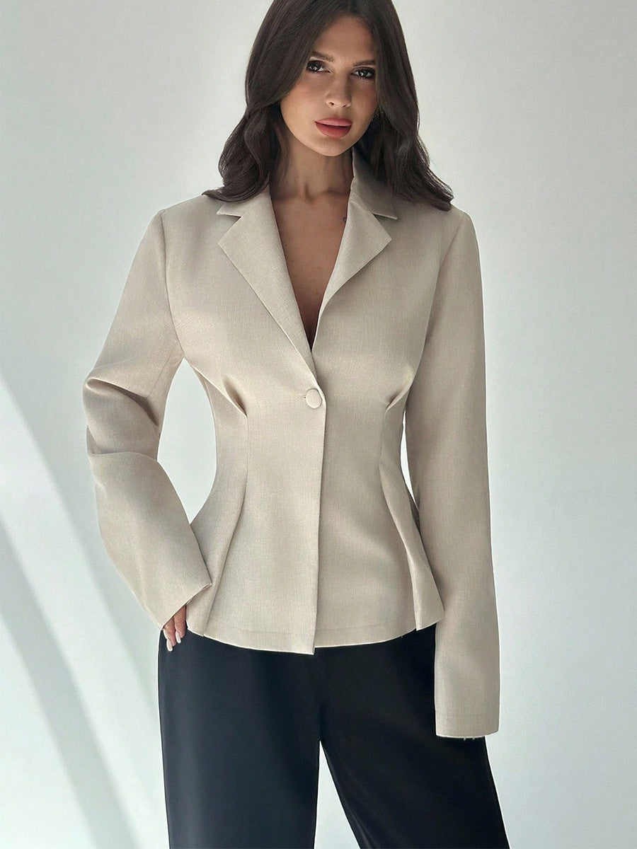 women’s beige blazer, slim fit, one-button front, clean lapel, front view