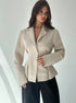 women’s beige blazer, side angle, one-button lapel, structured waist