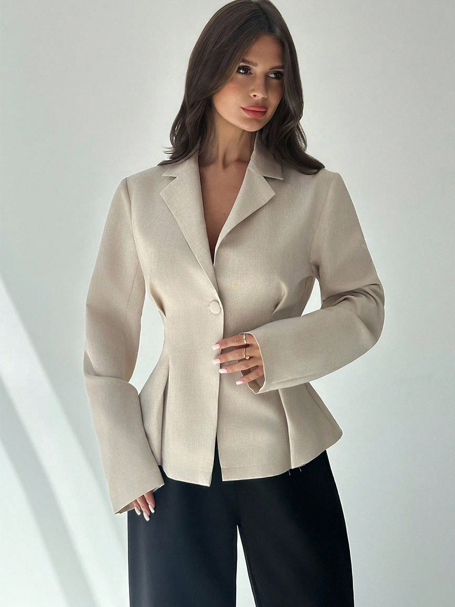 women’s beige blazer, side angle, one-button lapel, structured waist