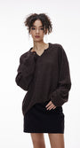 Women’s brown V-neck waffle knit long sleeve t-shirt fashion outfit