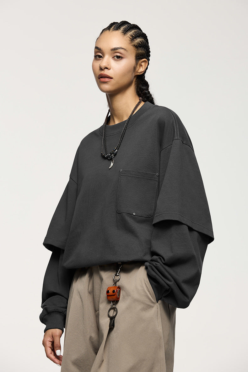 Women’s oversized carbon gray long sleeve t-shirt with casual wide pants