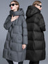 Gray and black long hooded puffer coats for women with quilted design