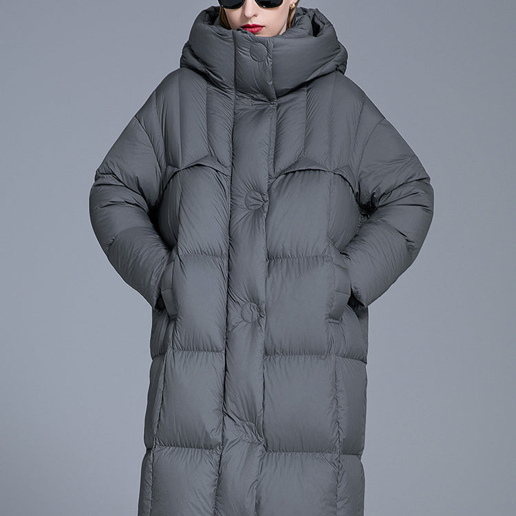 Front view of gray long hooded down coat with oversized padded design