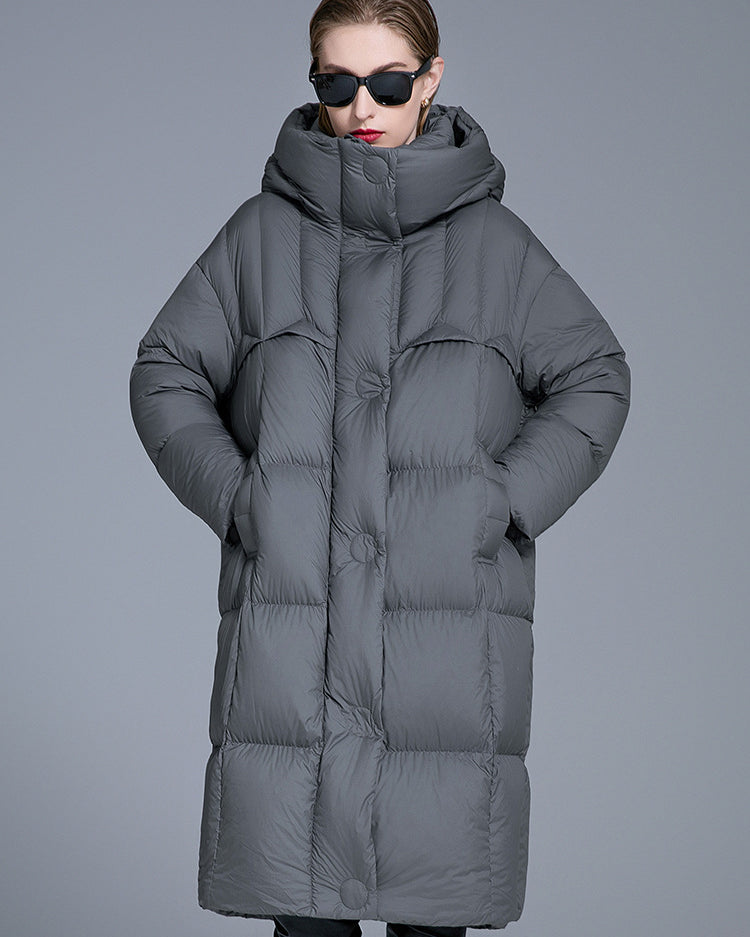 Front view of gray long hooded down coat with oversized padded design