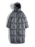 Flat lay of gray long puffer coat with hood and soft down padding
