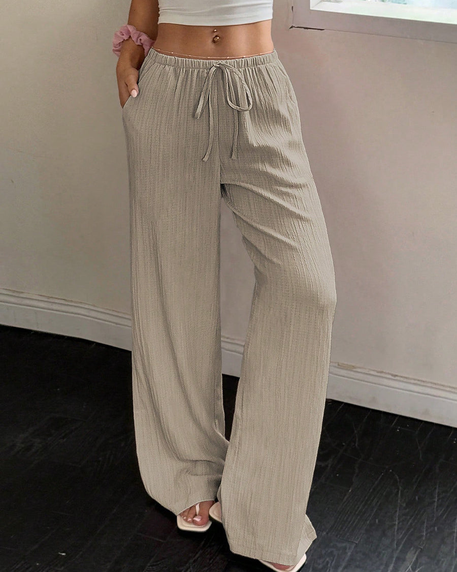 Women’s khaki wide leg pants with drawstring waist front view