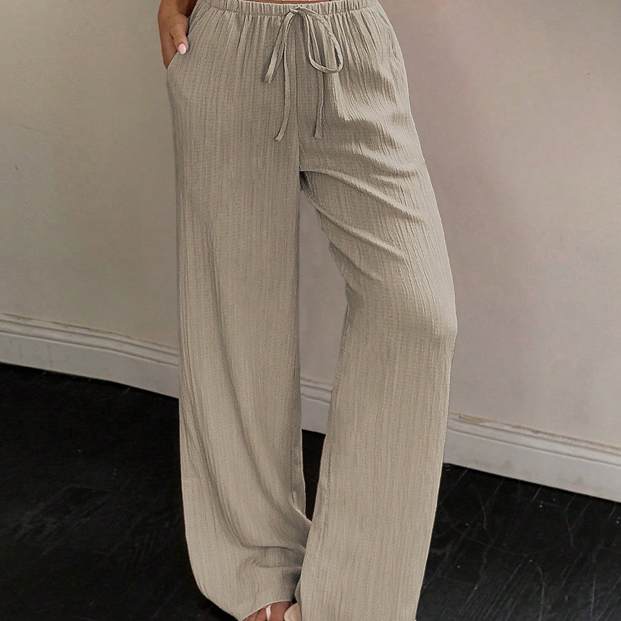 Women’s khaki wide leg pants with drawstring waist front view