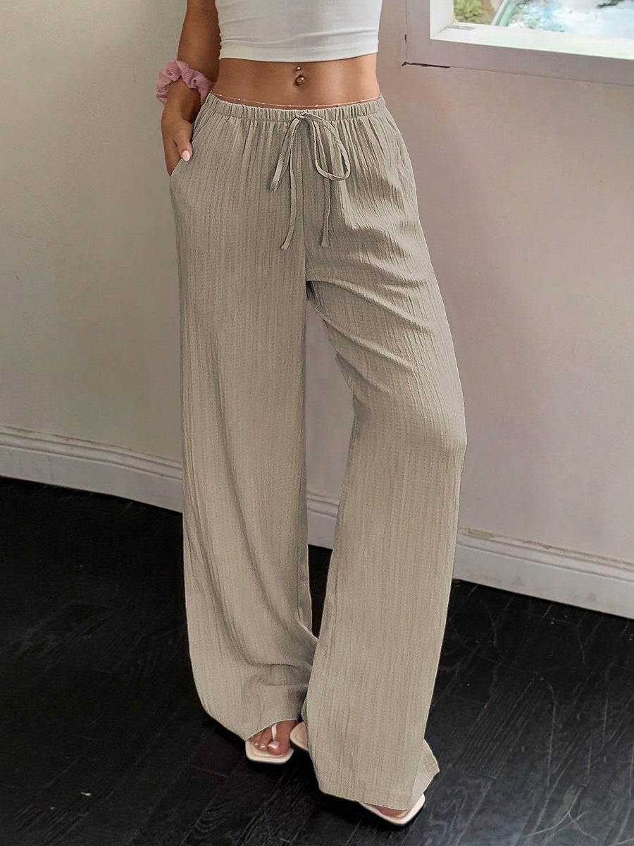 Women’s khaki wide leg pants with drawstring waist front view