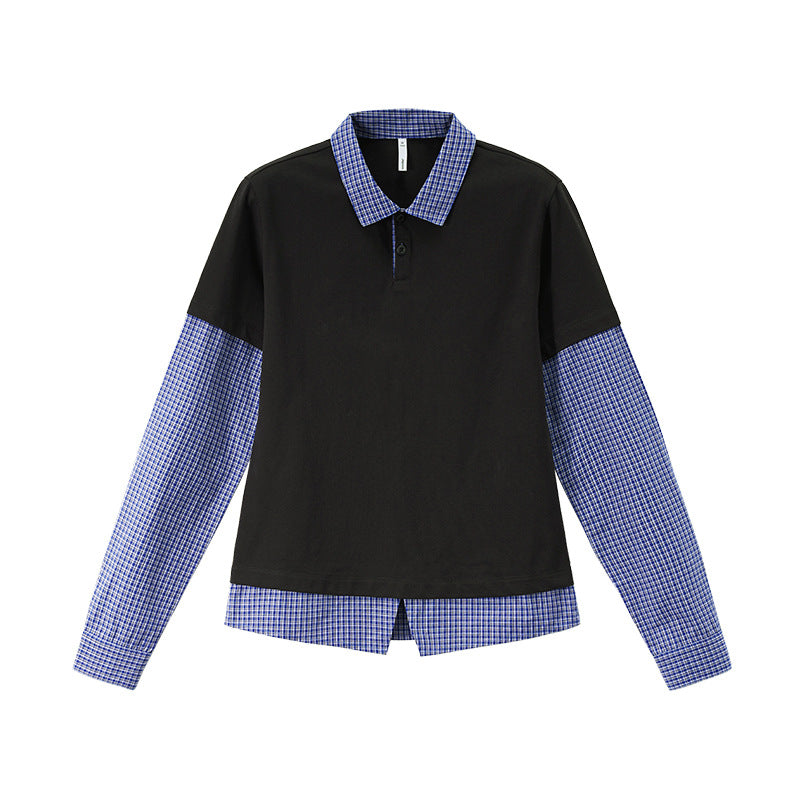 Women’s layered long sleeve polo t-shirt in black with blue plaid sleeves, preppy back-to-school streetwear
