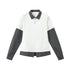 Women’s white layered long sleeve polo shirt with gray plaid sleeves, oversized campus style top