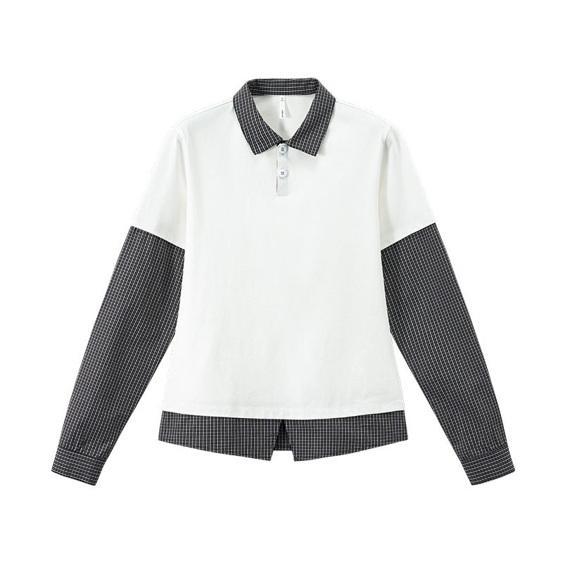 Women’s white layered long sleeve polo shirt with gray plaid sleeves, oversized campus style top