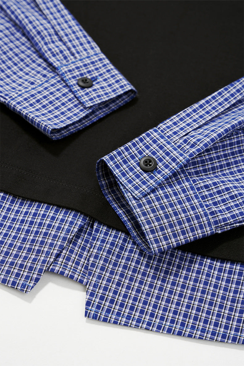 Close-up of cuff and button detail on women’s layered polo t-shirt with plaid sleeves, streetwear style