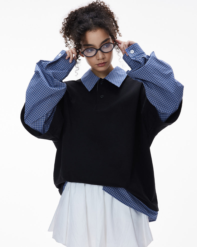 Women’s oversized layered polo t-shirt in black with plaid sleeves, casual school streetwear look
