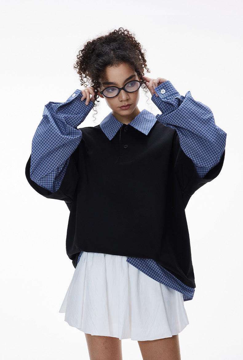 Women’s oversized layered polo t-shirt in black with plaid sleeves, casual school streetwear look