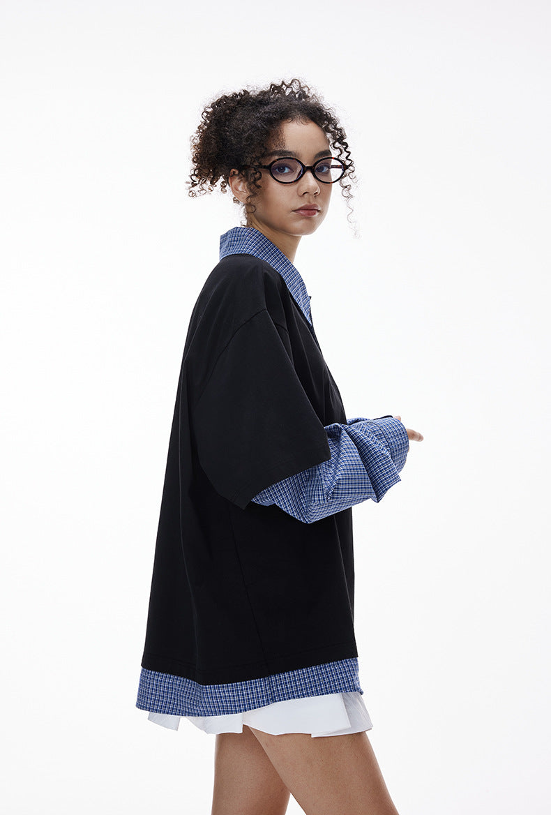 Women’s layered long sleeve polo top in black with plaid sleeves, trendy oversized school outfit