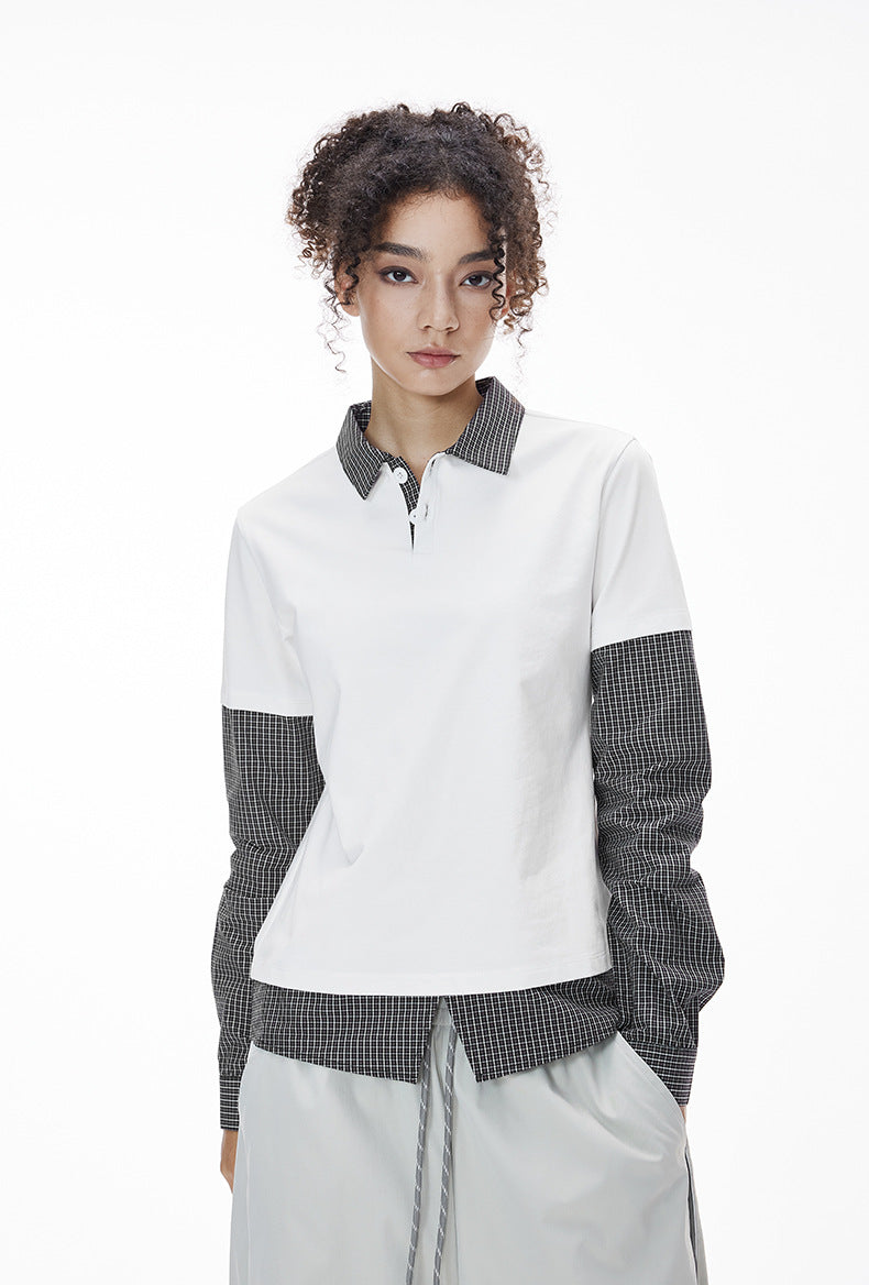 Women’s oversized white layered polo shirt with plaid sleeves, chic casual campus fashion
