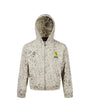 Front studio shot of a womens leopard print full-zip hoodie with chest embroidery on white backdrop.