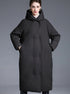 Black womens long puffer coat, hooded, front view, quilted