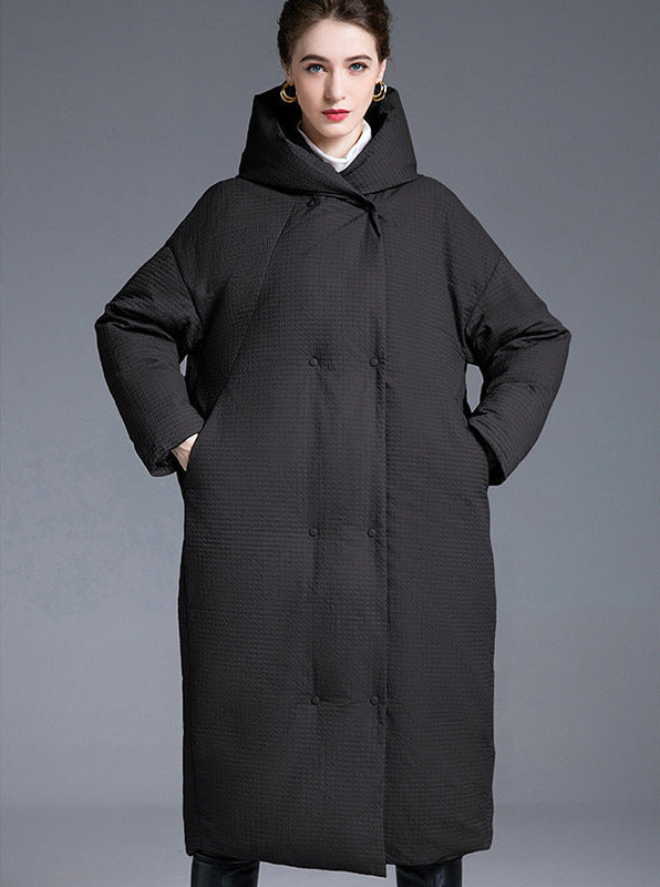 Black womens long puffer coat, hooded, front view, quilted
