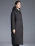 Black long puffer coat side view, hooded cocoon fit, over-knee
