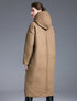 Camel long puffer coat back view with hood, over-knee length