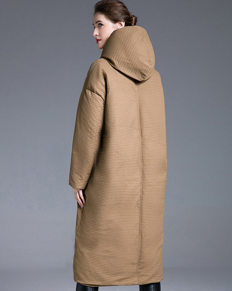 Camel long puffer coat back view with hood, over-knee length