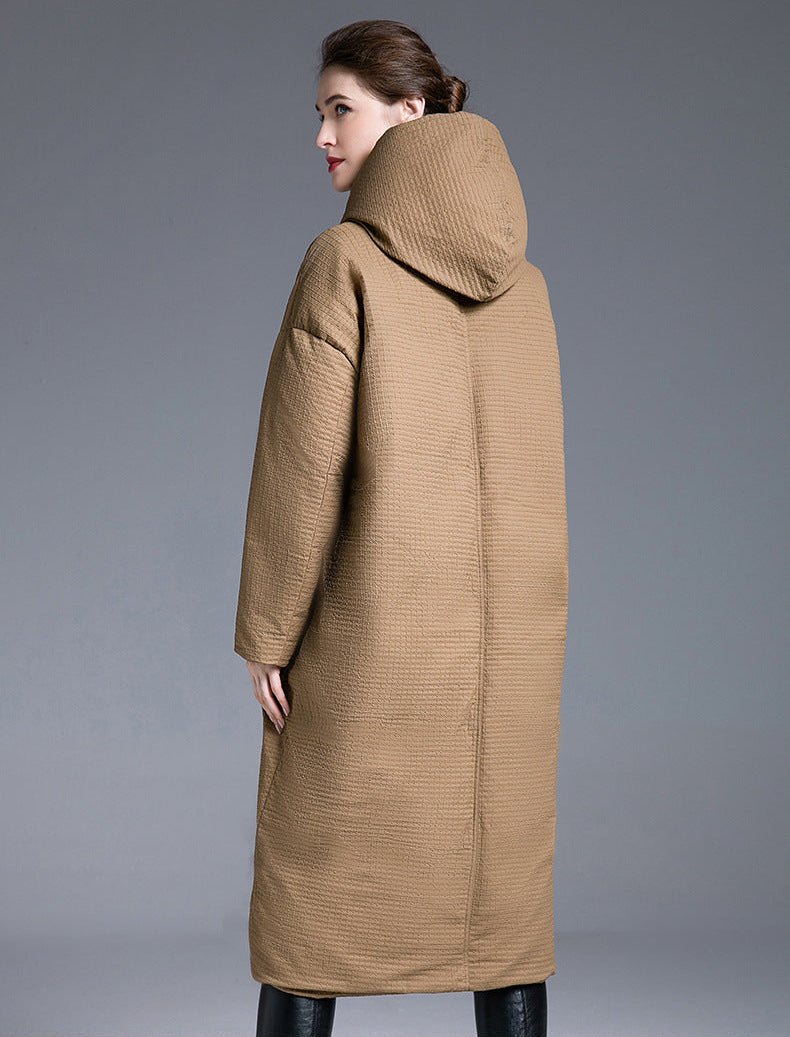 Camel long puffer coat back view with hood, over-knee length