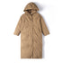 Camel long puffer coat flat lay, hooded, quilted, full length