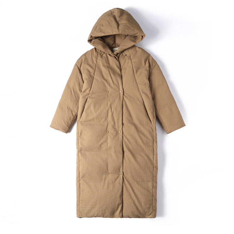 Camel long puffer coat flat lay, hooded, quilted, full length