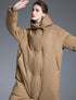 Camel womens long puffer coat, hood up, front half view, quilted texture