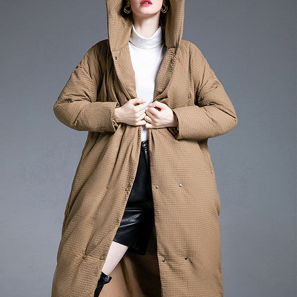 Camel long puffer coat front open, hood up, over-knee length
