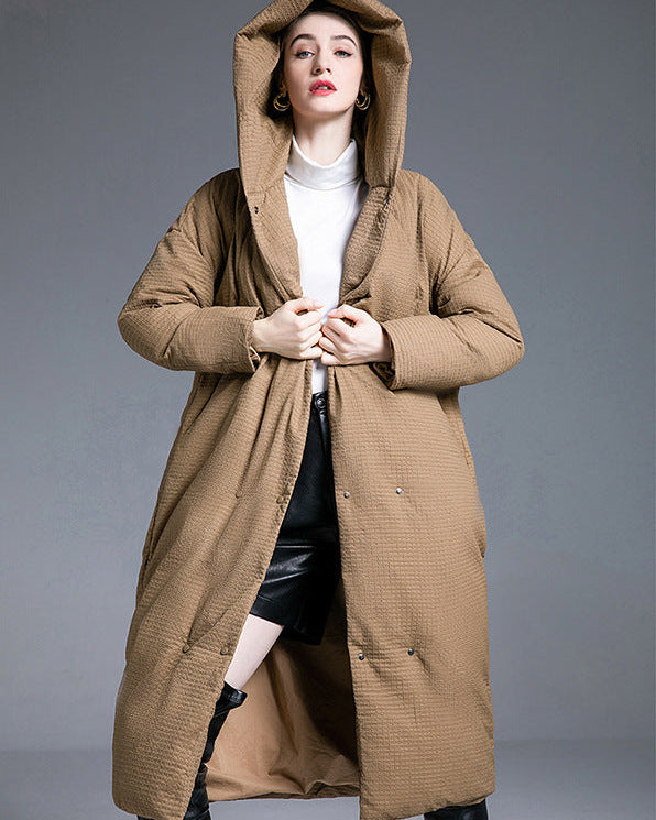 Camel long puffer coat front open, hood up, over-knee length