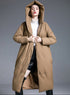 Camel long puffer coat front open, hood up, over-knee length