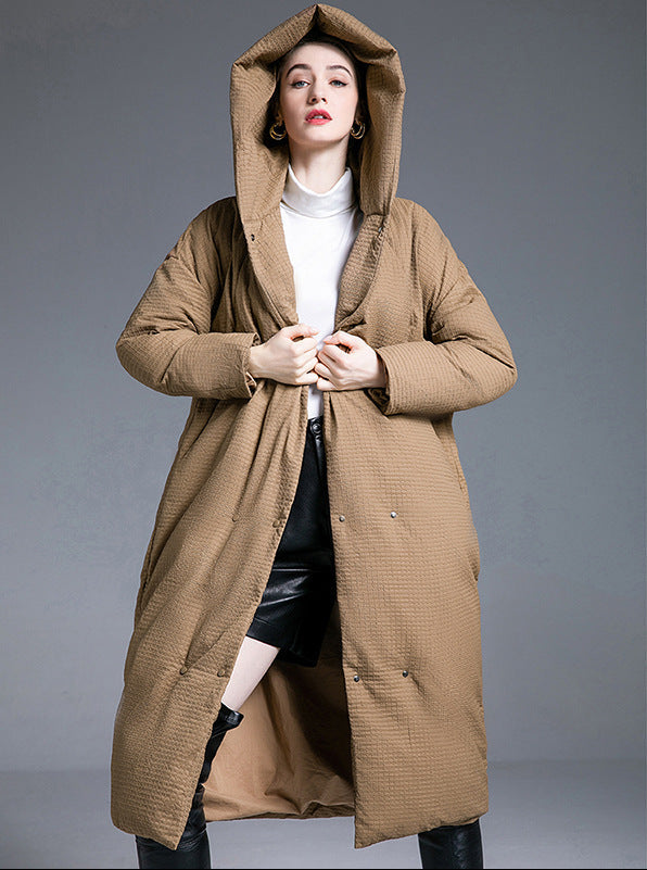 Camel long puffer coat front open, hood up, over-knee length