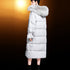 Gray long puffer coat back view with full raccoon-fur hood trim